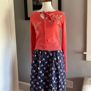 Retro mod outfit Coral sweater cardigan blue skirt outfit